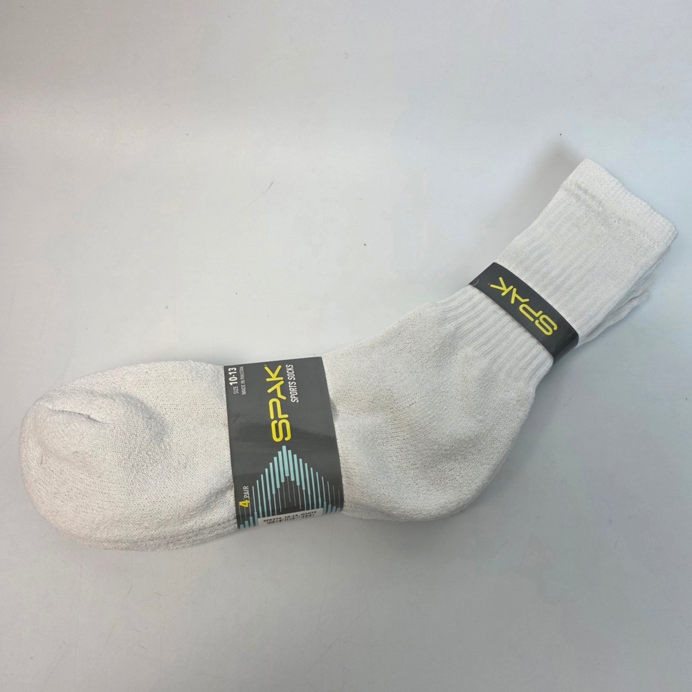 Spak Sports Socks 4 Pair Pack Mens White Crew Athletic Cotton Blend Size 10-13